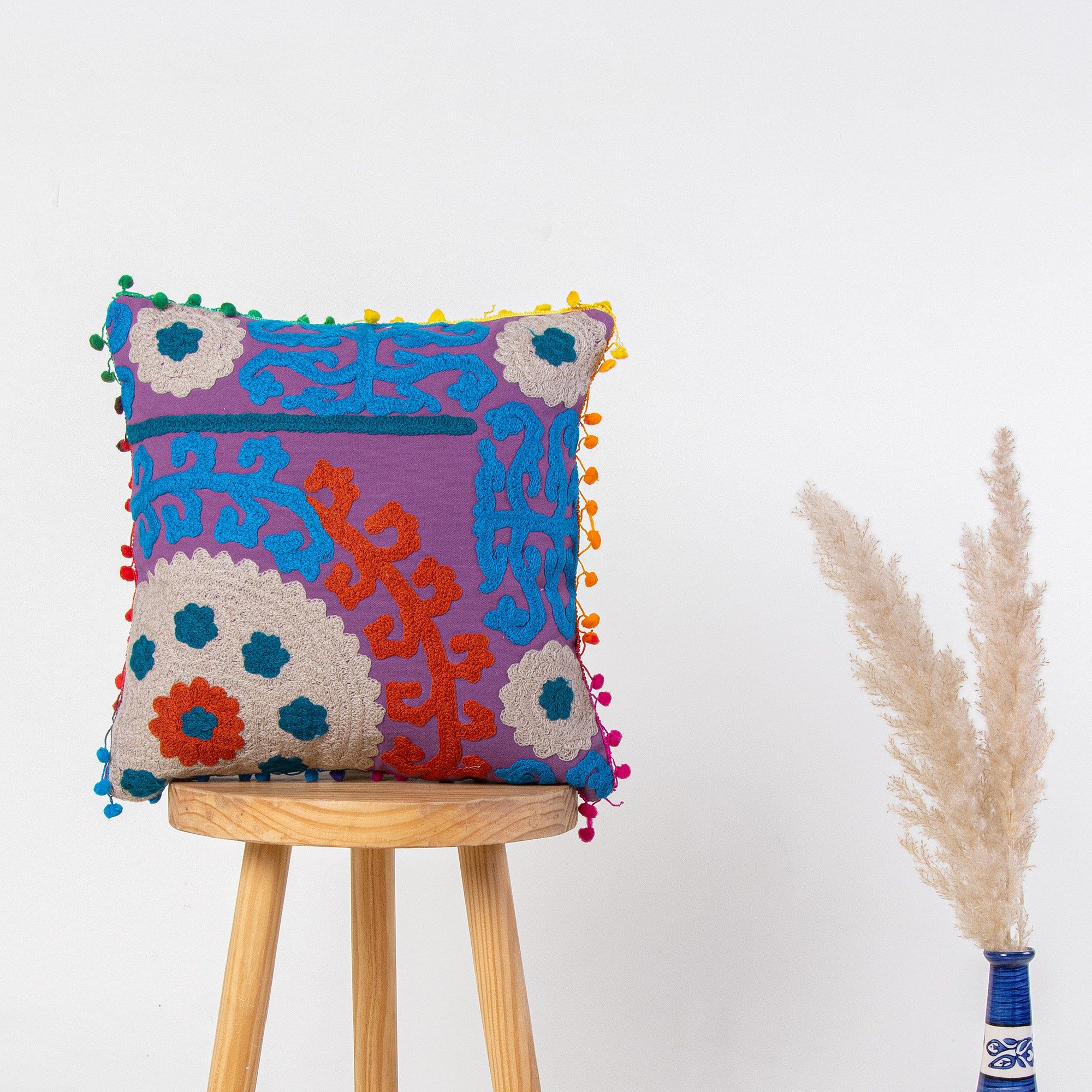 Cotton Embroidered Pom Pom Cushion Cover 16x16